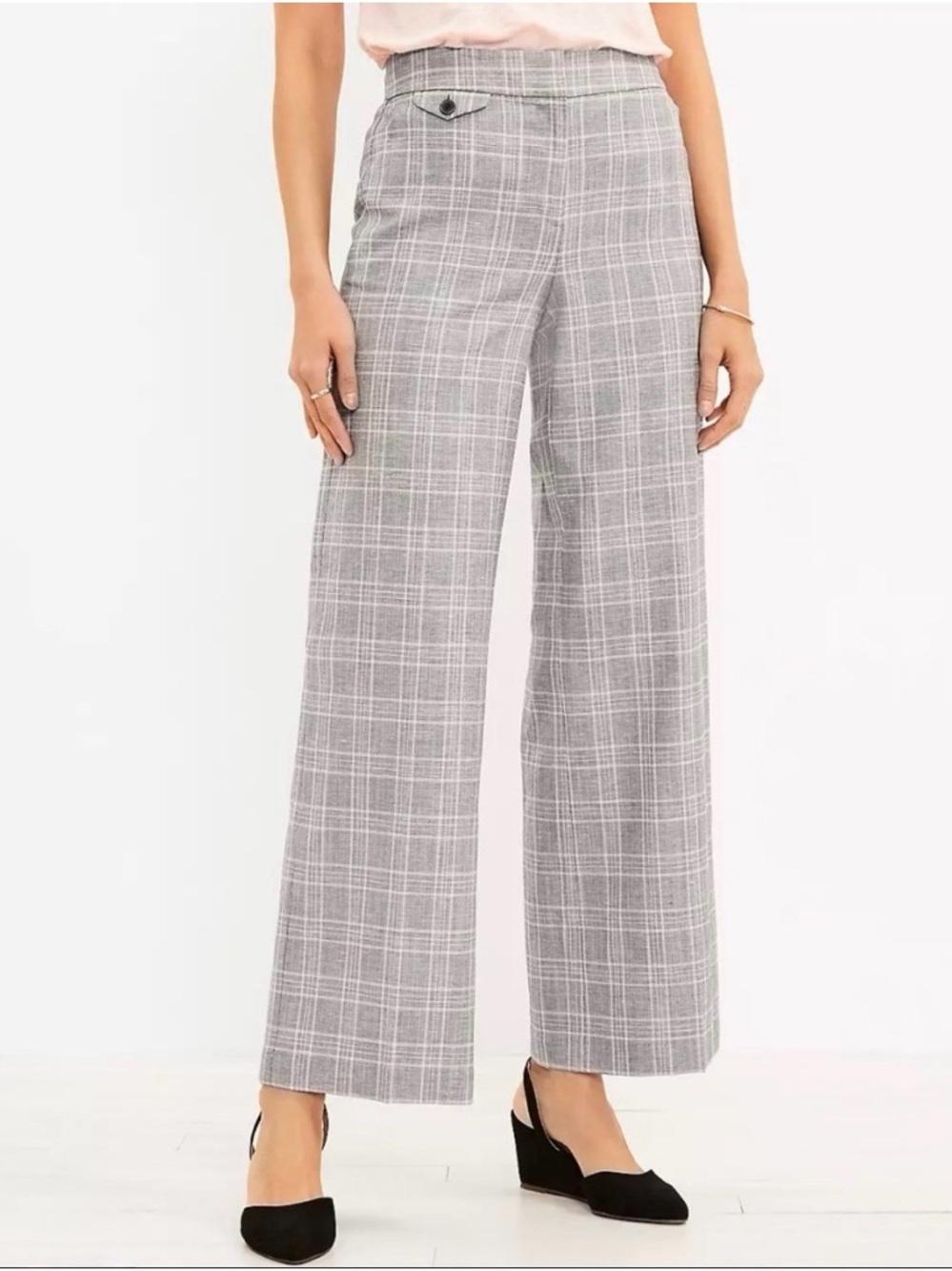 Loft Wide Leg Plaid Trouser Dress Pants Career Office Preppy Gray Pink 2‎ Curvy